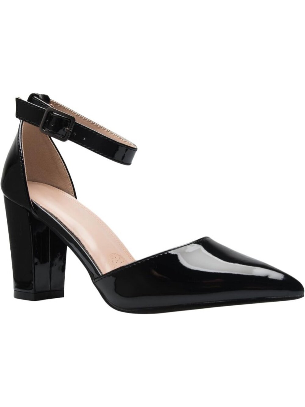 Women's Charcoal Patent Sexy D'Orsay Ankle Strap Pointed Toe Block Heels Pumps